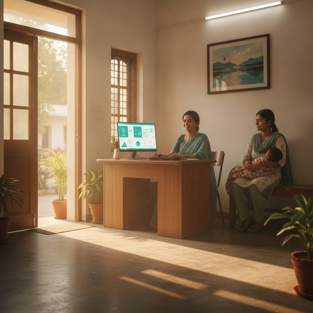 Small-town Indian clinic reception running cloud software