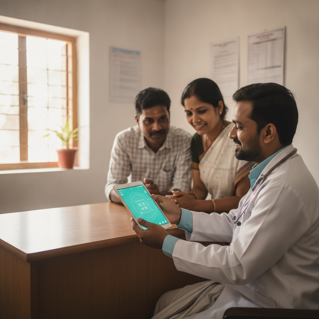 Doctor sharing a digital patient record with a family in a small-town Indian clinic