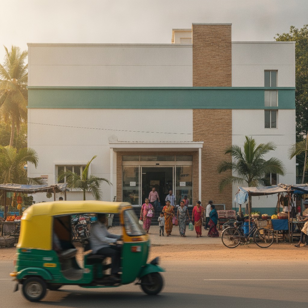 Families arriving at a clean mid-sized hospital on an Indian town street
