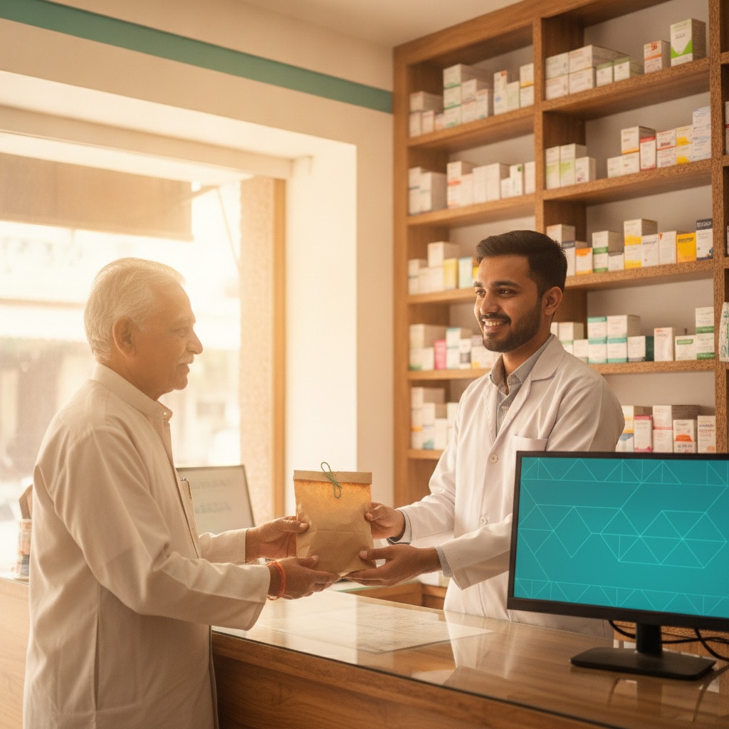 Neighbourhood Indian pharmacy counter with cloud billing