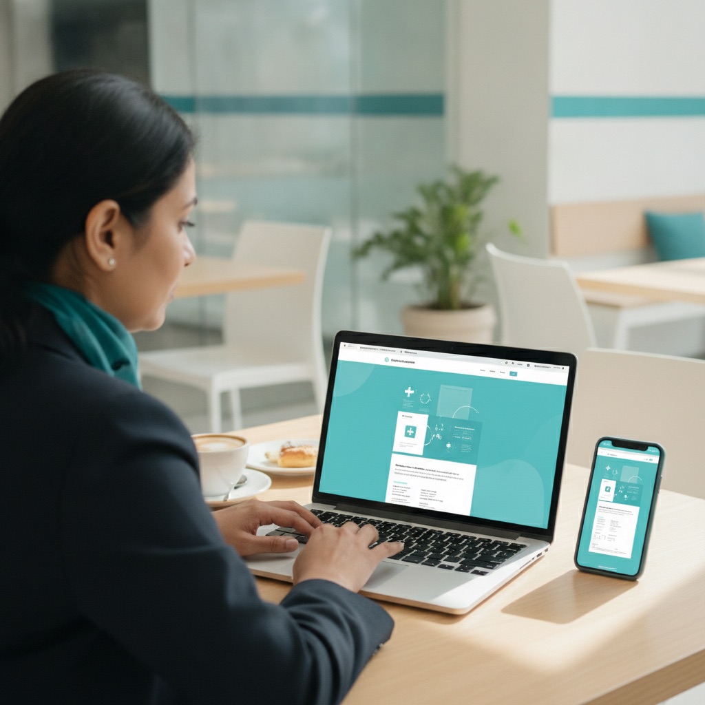 Clinic owner viewing a modern healthcare website on laptop and phone
